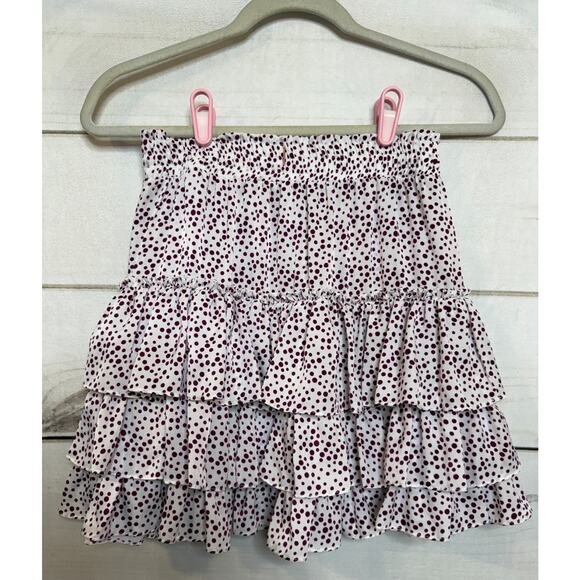 Misa Los Angeles Mini Boho Skirt Sz XS White Maroon Polka Dots Tiered Ruffles - Picture 2 of 6